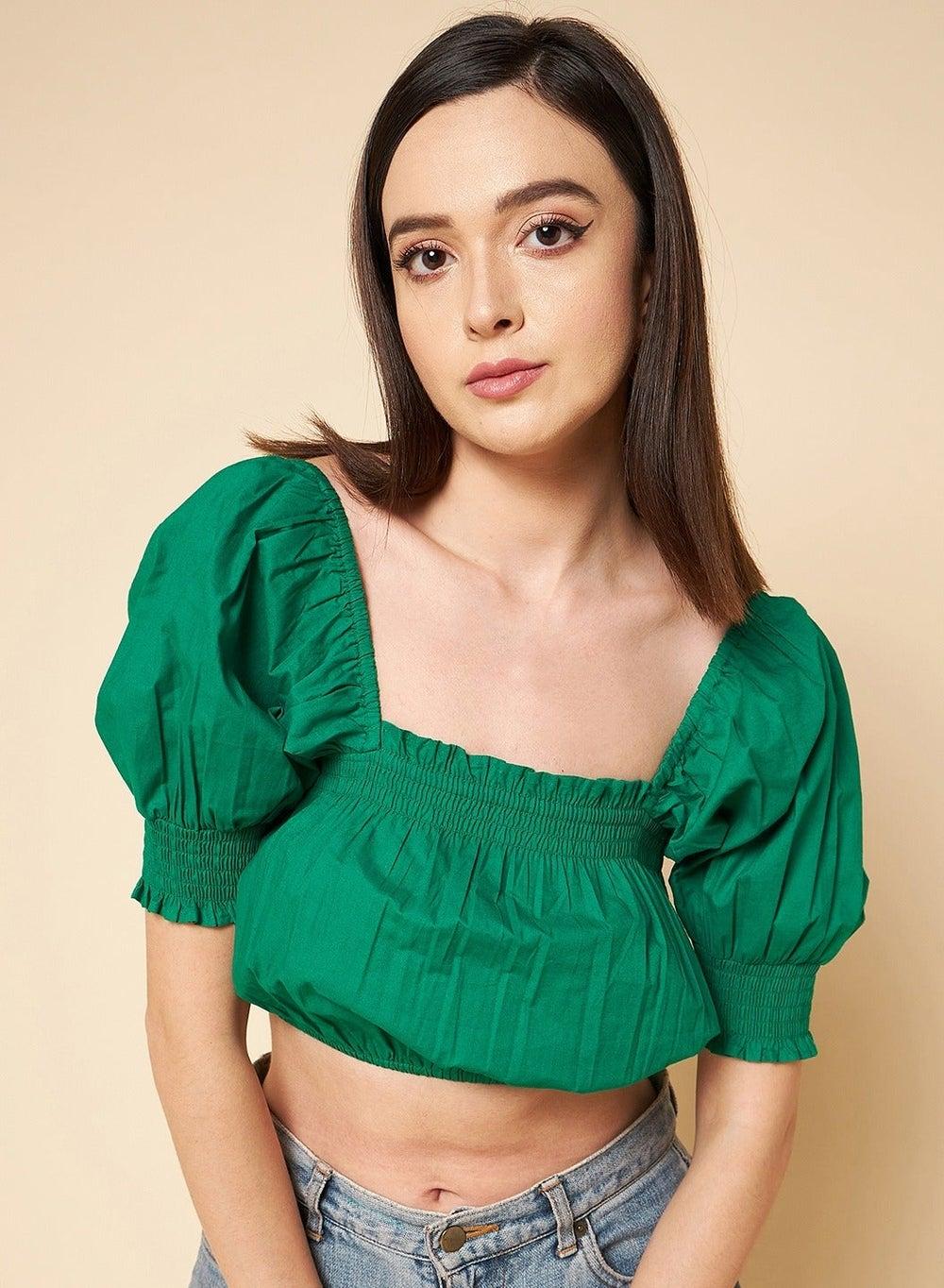 Green Cotton Crop Top Hswtos23001 with Puff Sleeves - Image 1