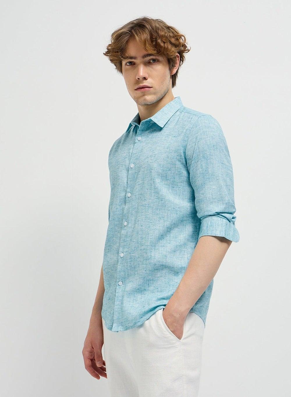 Turquoise Green Polyester Blend Slim Fit Shirt - Image 1