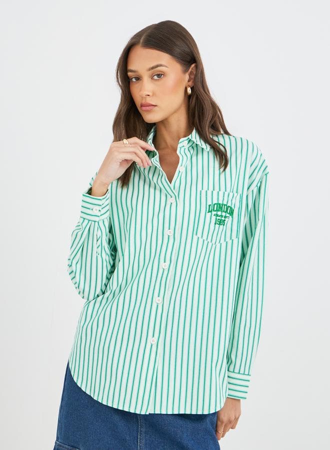 Green Striped Oversized Spread Collar Shirt - Image 1
