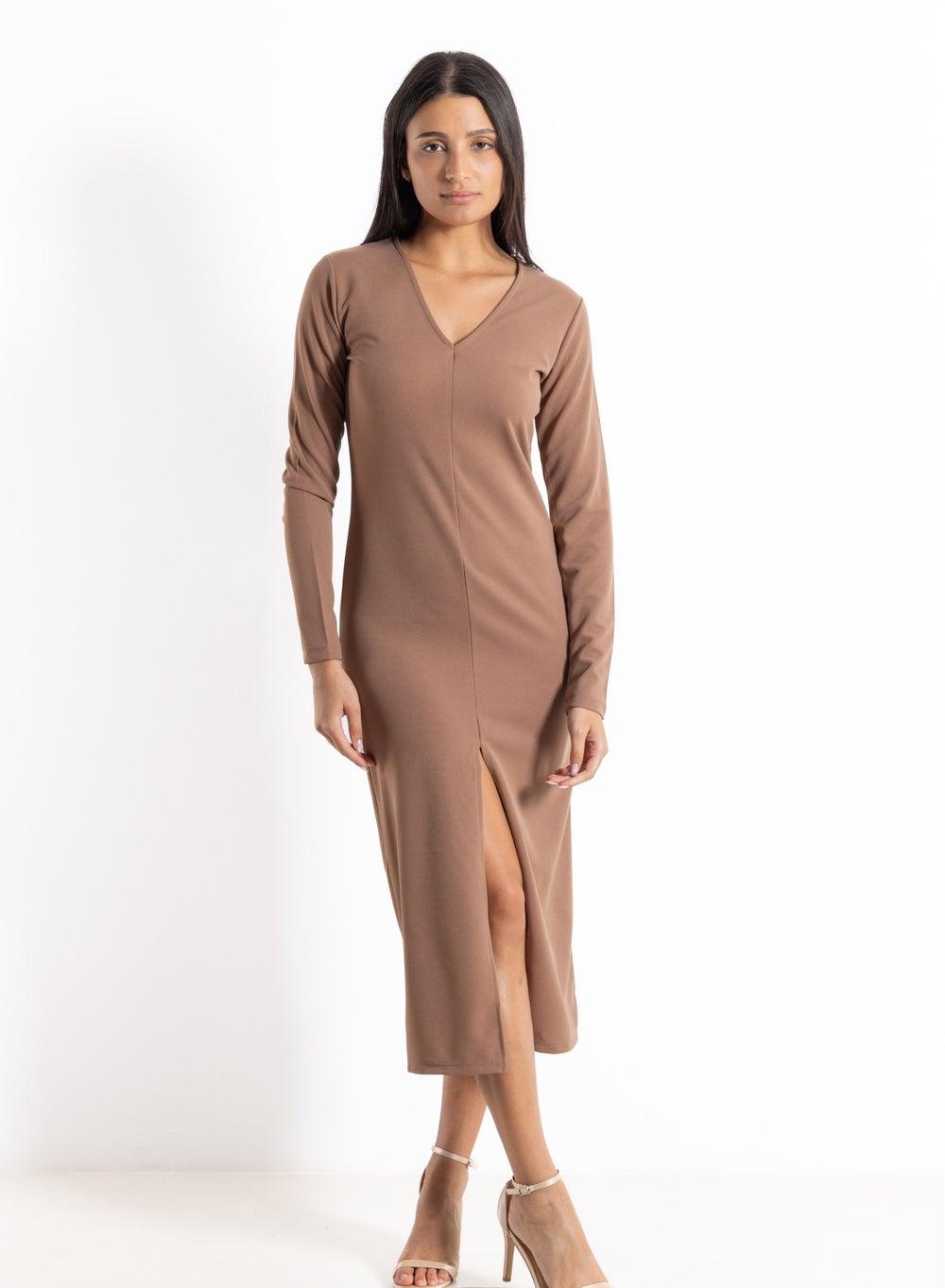 Mocha V-Neck Long Sleeve Midi Bodycon Dress - Image 1