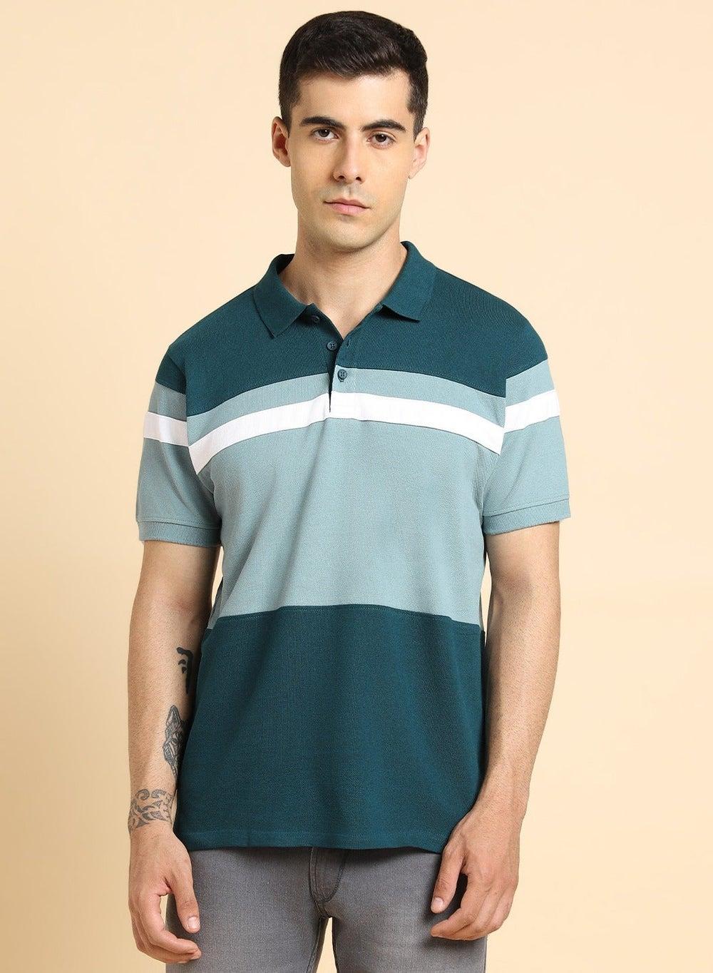 Men’s Teal Striped Cotton T-Shirt Classic Fit - Image 1