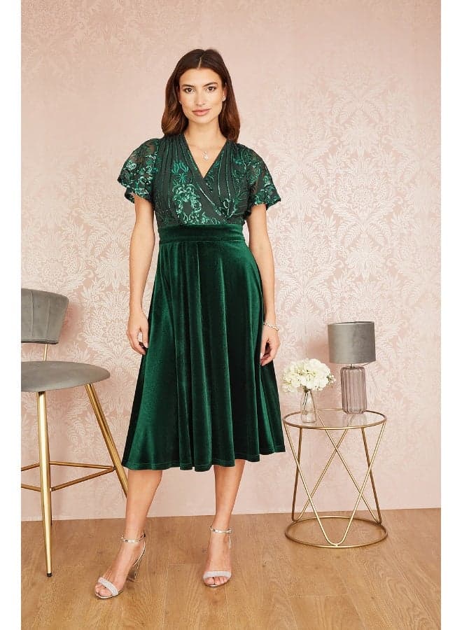 Emerald Velvet Midi Dress with Embellished Bodice - Image 1