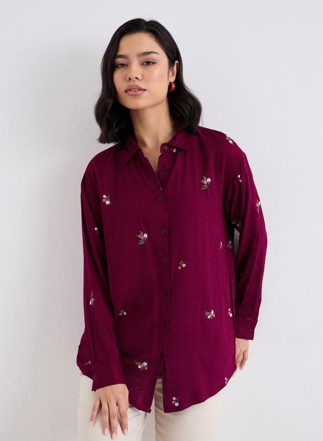 Styli Burgundy Embroidered Oversized Cotton Shirt - Image 1