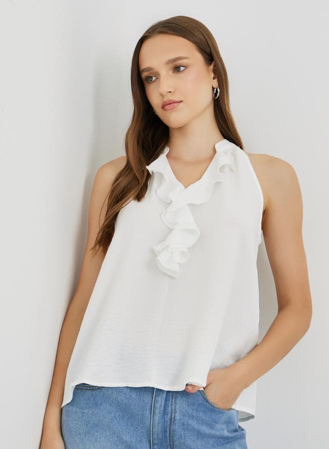 Take Two White Sleeveless Ruffle V-Neck Top - Image 1