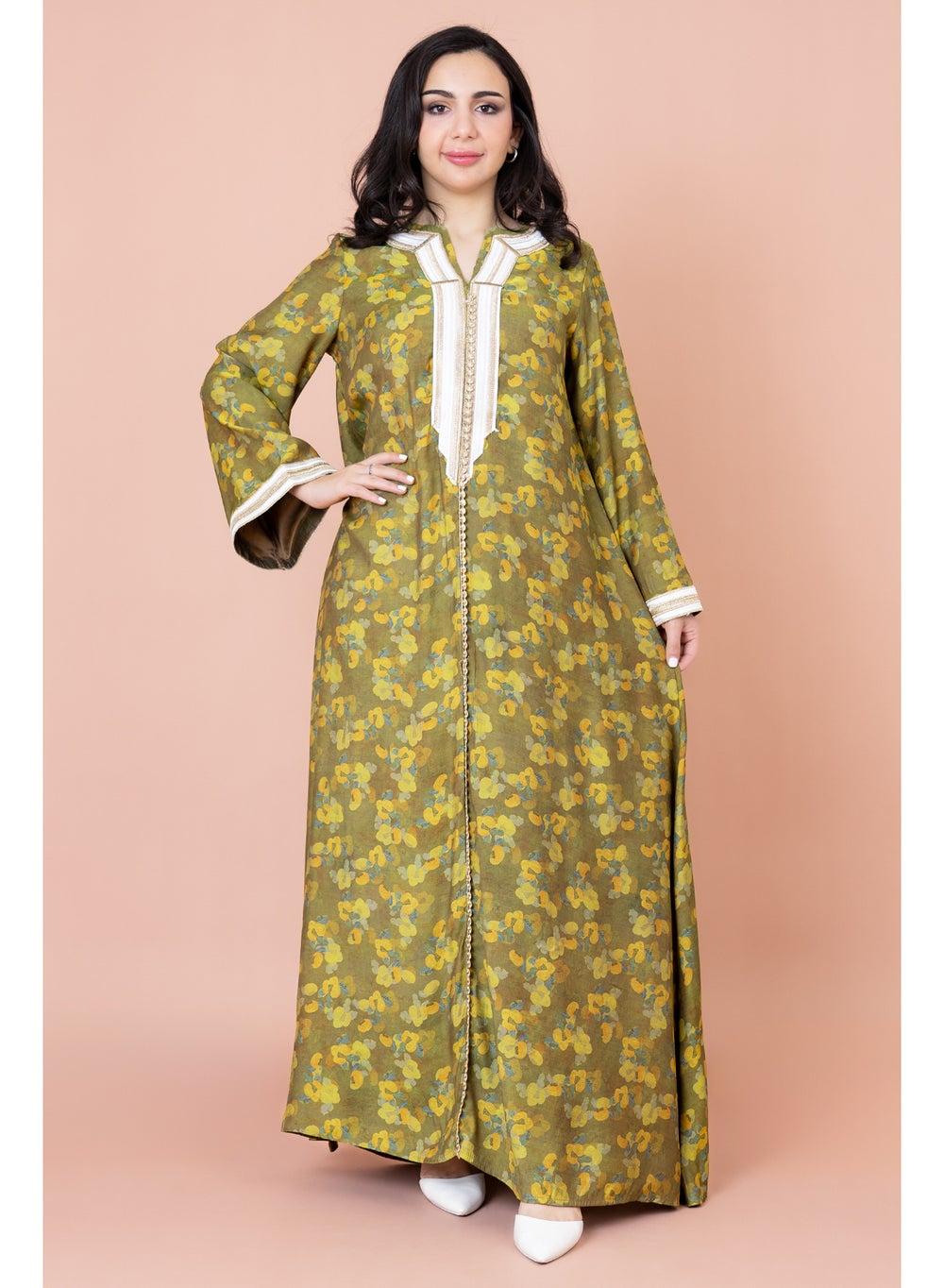 Green Embroidered Floral Jalabiya V-Neck Long Sleeve - Image 1