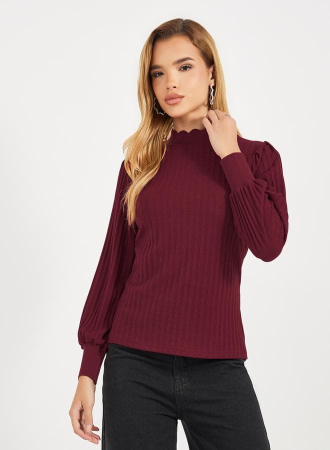Burgundy High Neck Pointelle Knit Top 7009958801 - Image 1