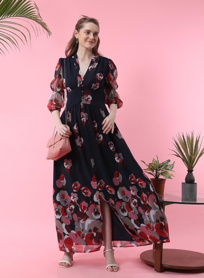Mish Navy Floral Asymmetric Wrap Maxi Dress 7011164022 - Image 1