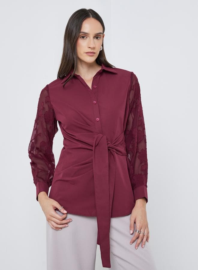 Styli Burgundy Front Knot Lace Buttoned Shirt - Image 1
