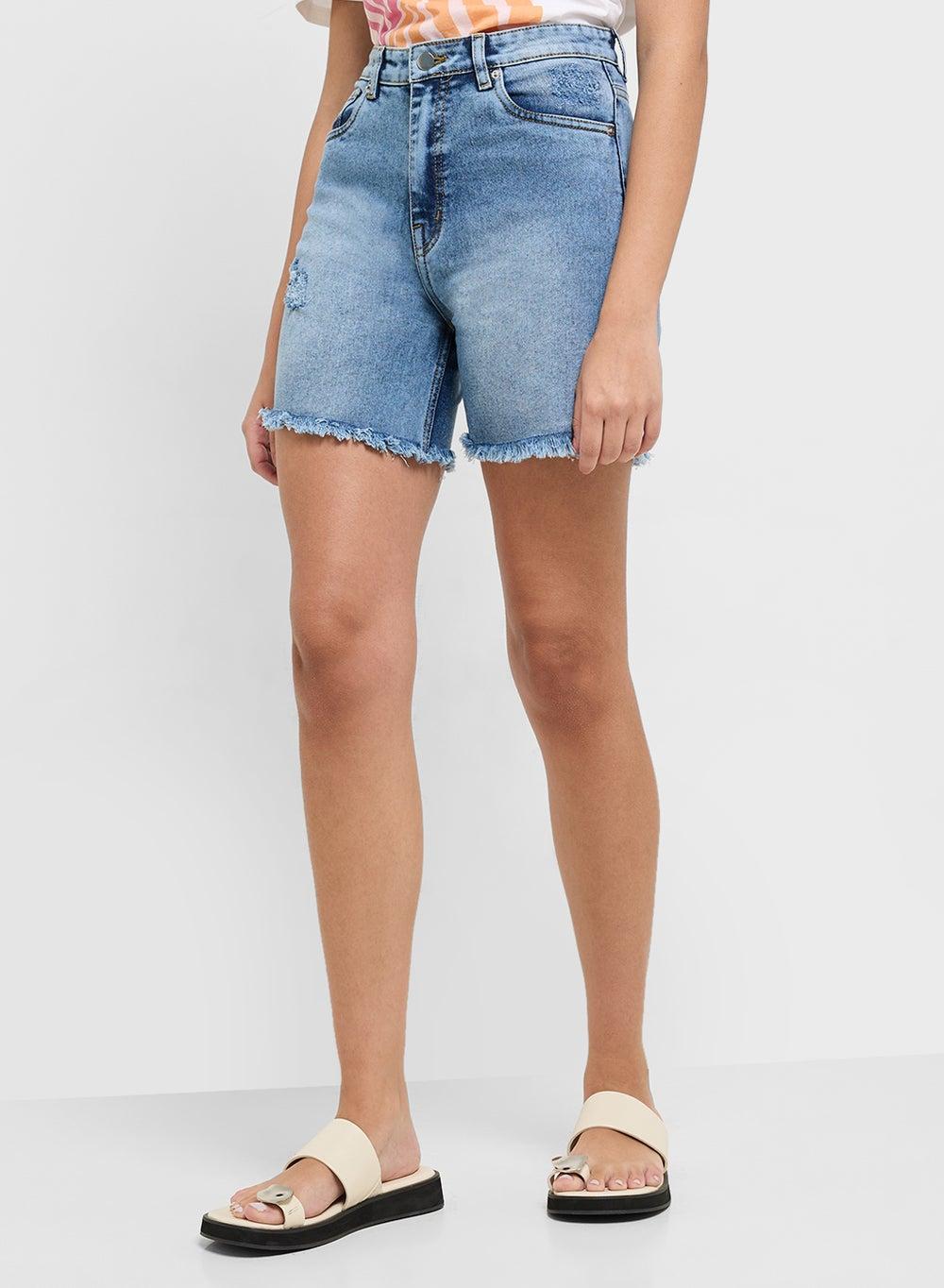 Zopwd254 High Waist Frayed Hem Denim Shorts - Image 1