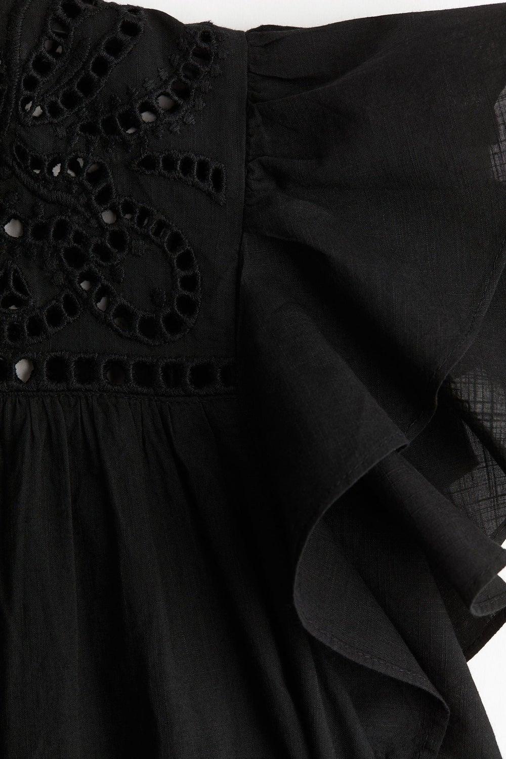 Black Broderie Anglaise Flutter Sleeve Mini Dress - Image 1