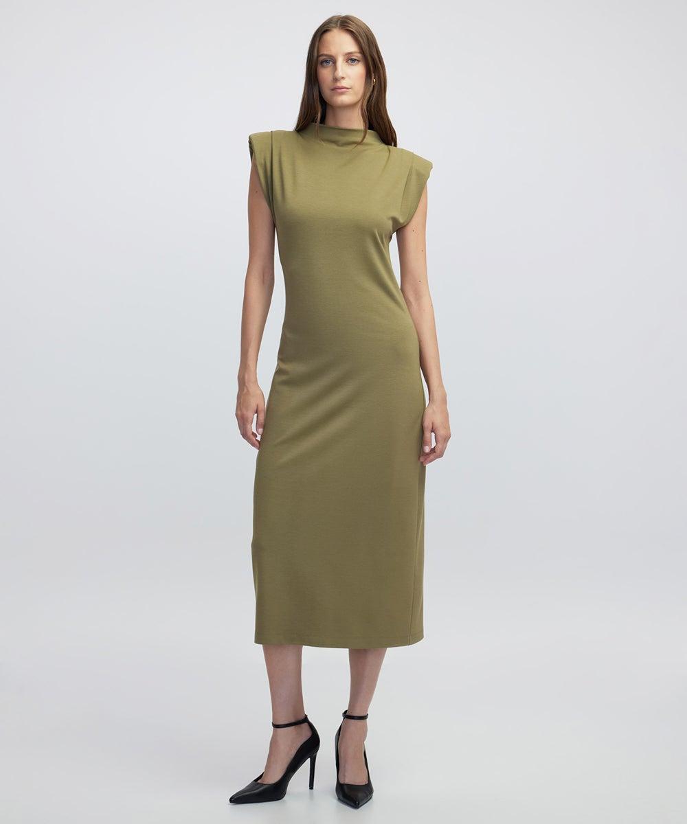 Olive Green Slim Fit Midi Dress with Shoulder Pads - Image 1
