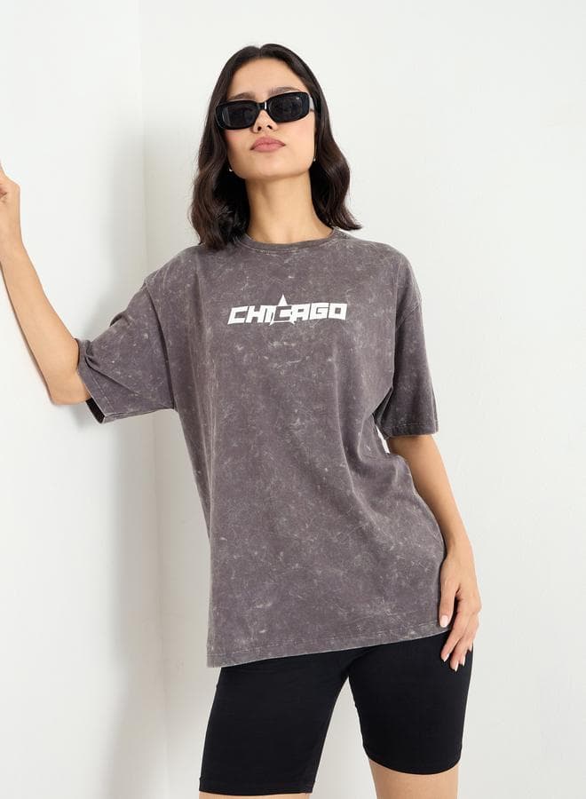 Charcoal Acid Wash Oversized Cotton Graphic T-Shirt - Image 1