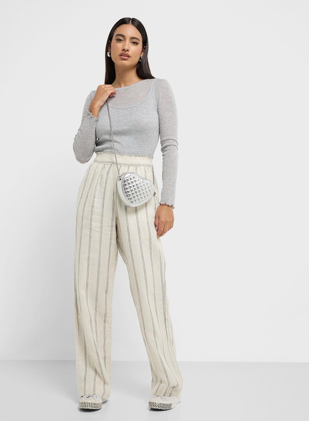 Striped Linen Wide-Leg Trousers High Rise Fit - Image 1