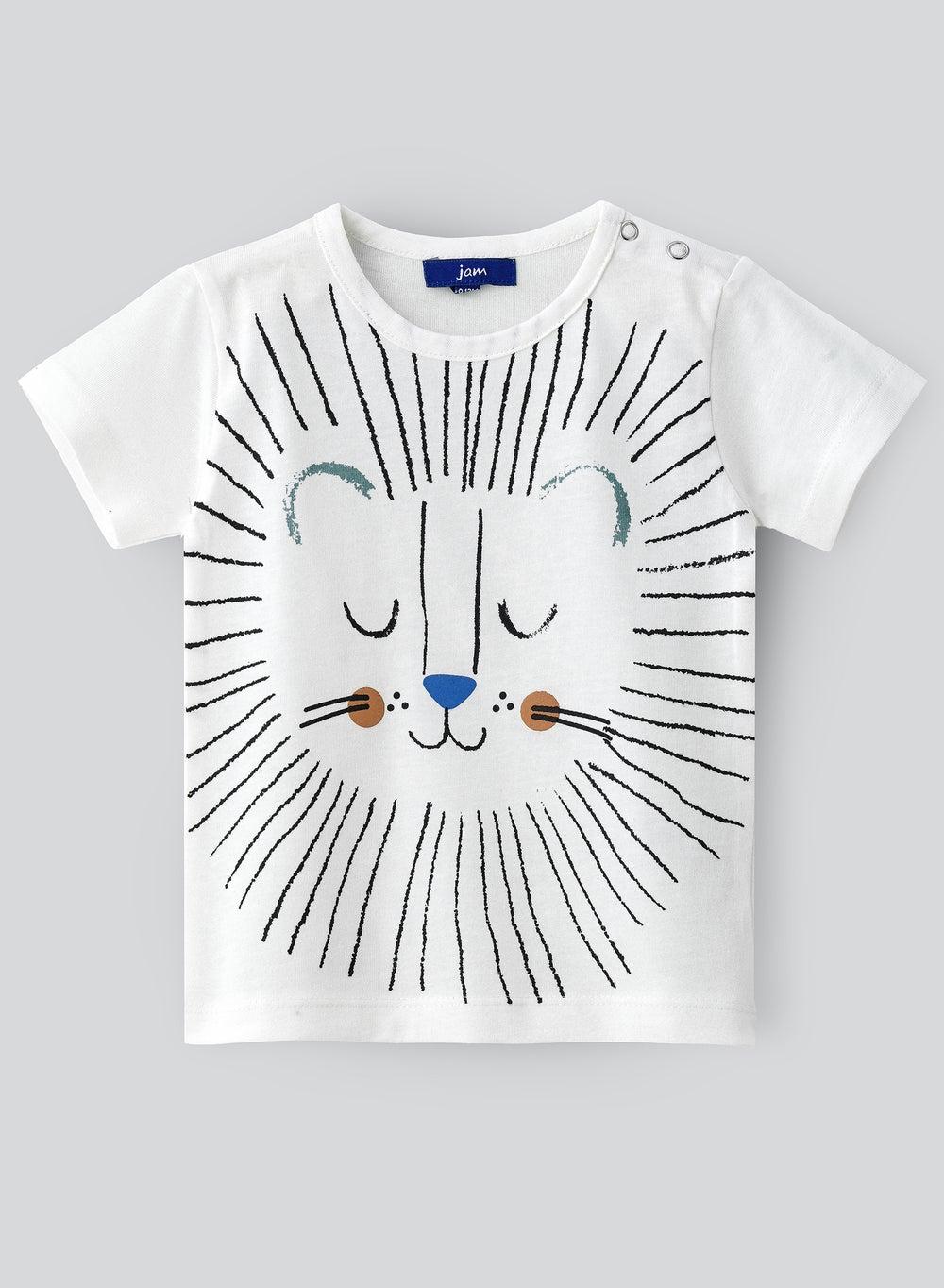 Serene Lion Face Cotton Boys T-Shirt White Crwcinb4024 - Image 1