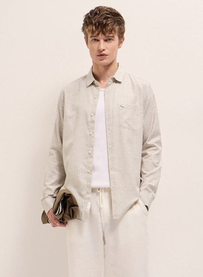 Men’s Beige Cotton Button-Down Shirt Classic Versatile Style - Image 1