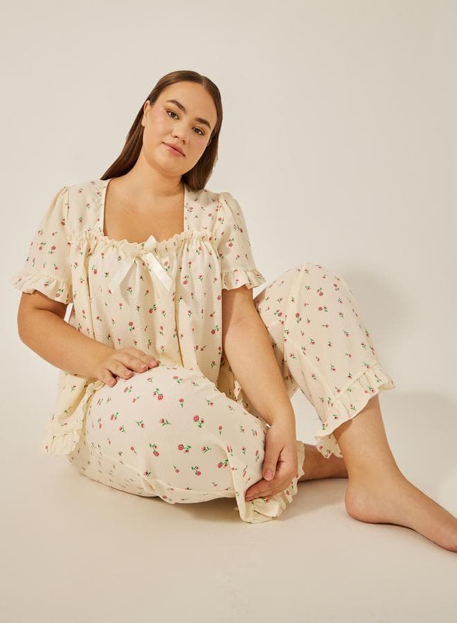 Styli Plus Floral Puff Sleeve Pyjama Set 7011803711 - Image 1