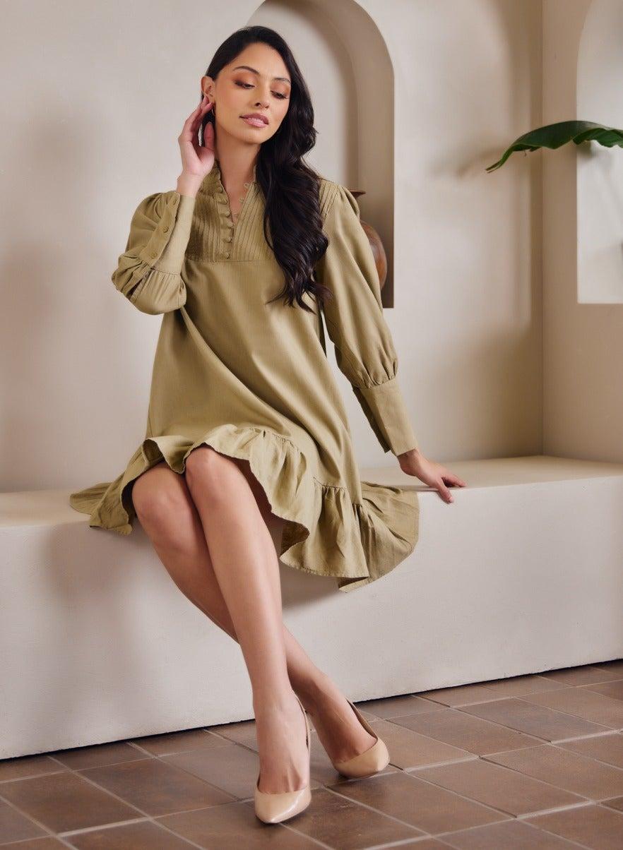 Khaki Pintuck Linen Midi Dress Long Sleeve - Image 1