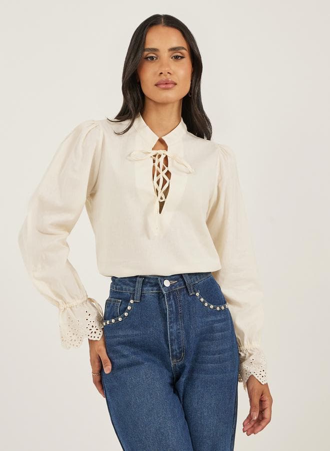 Cream Solid Lace-Up Volume Sleeve Blouse 7012173936 - Image 1