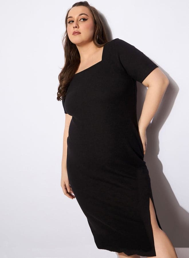 Black Ribbed Square Neck Bodycon Midi Dress 7016401901 - Image 1