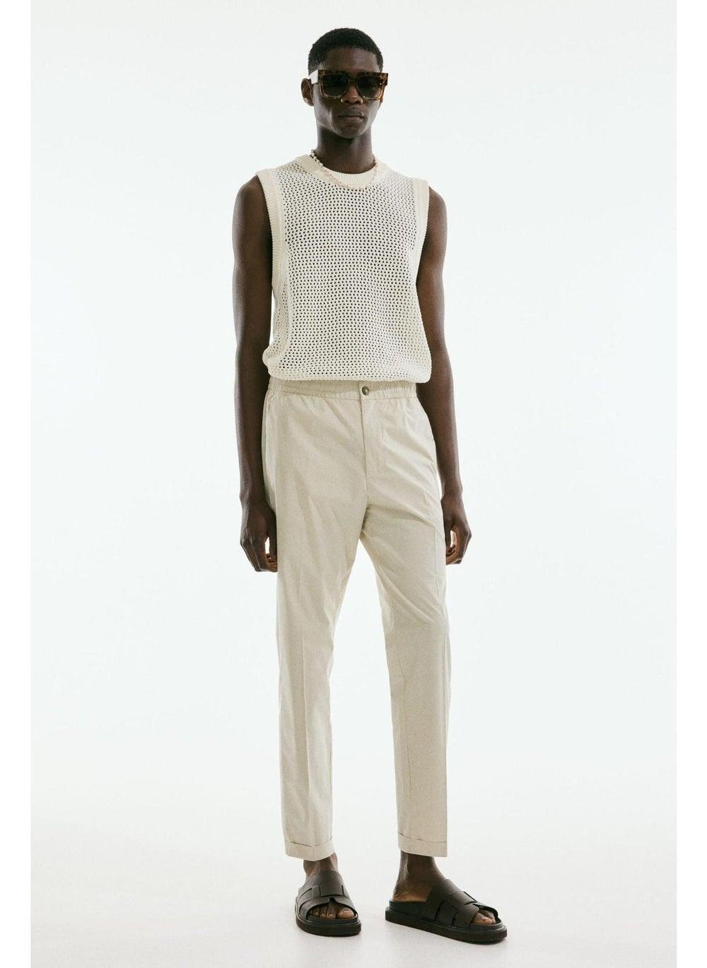 Men’s Regular Fit Cropped Cotton Trousers Beige - Image 1