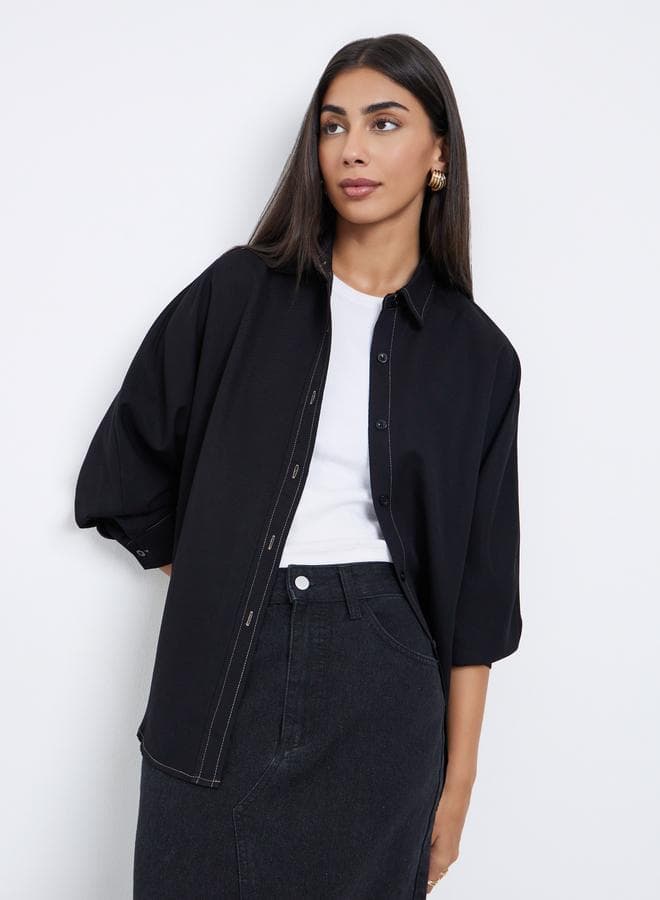 Styli Black Oversized Button Placket Longline Shirt - Image 1