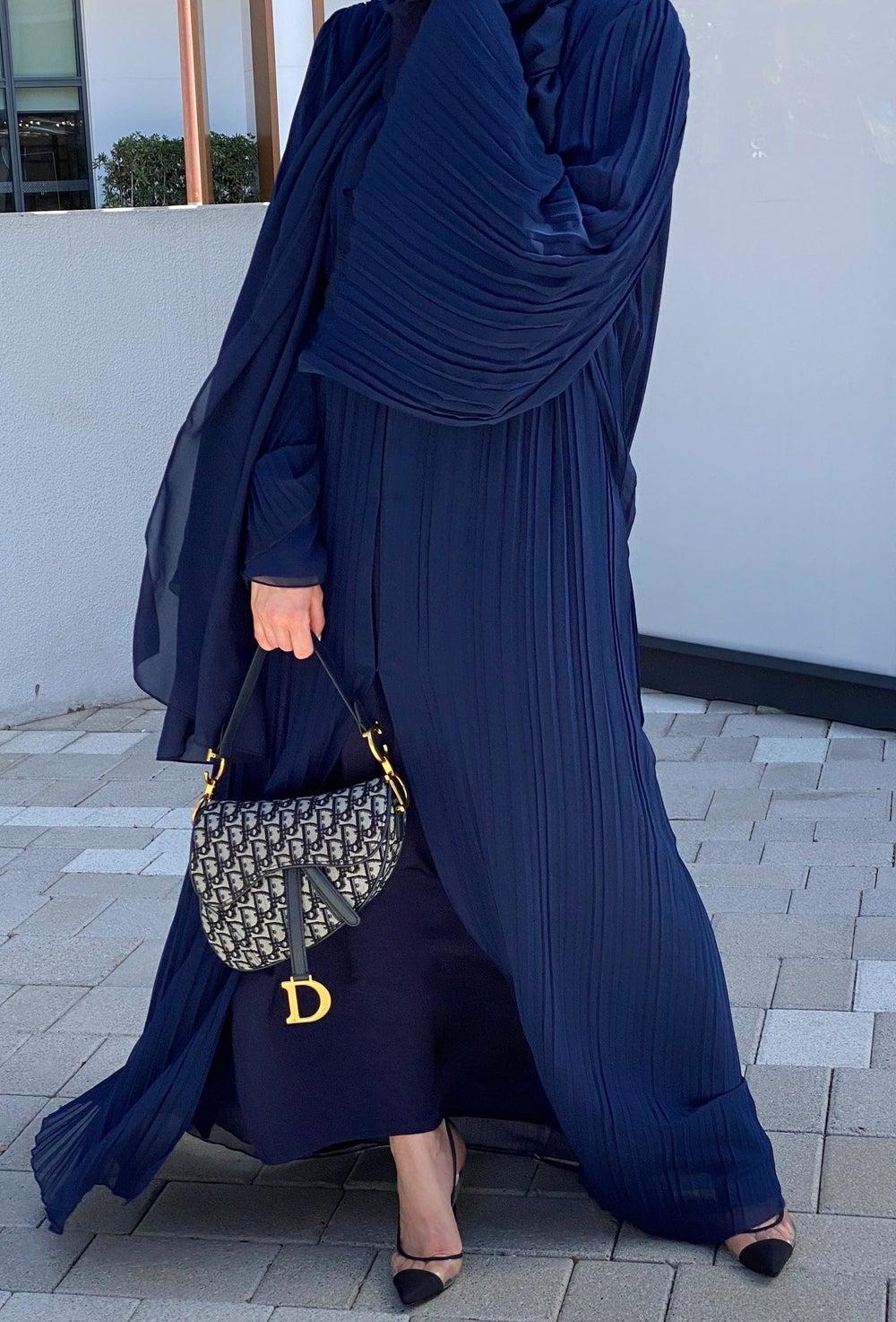 Blue Pleated Flared Sleeve Abaya - Image 1