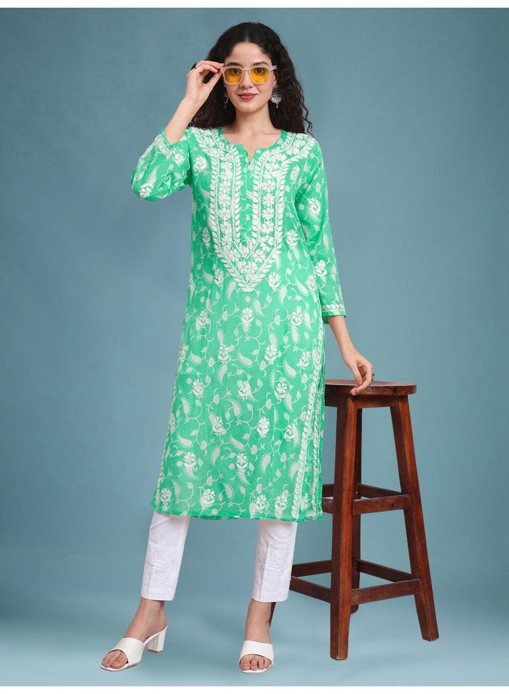 Seagreen Chikankari Mulmul Cotton Kurta AL4072 - Image 1