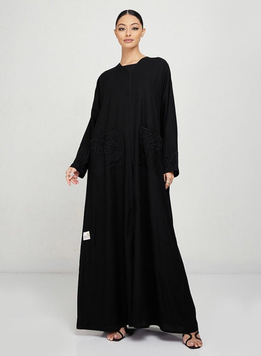 Black 78P Stone-Embellished Pocket Abaya - Image 1