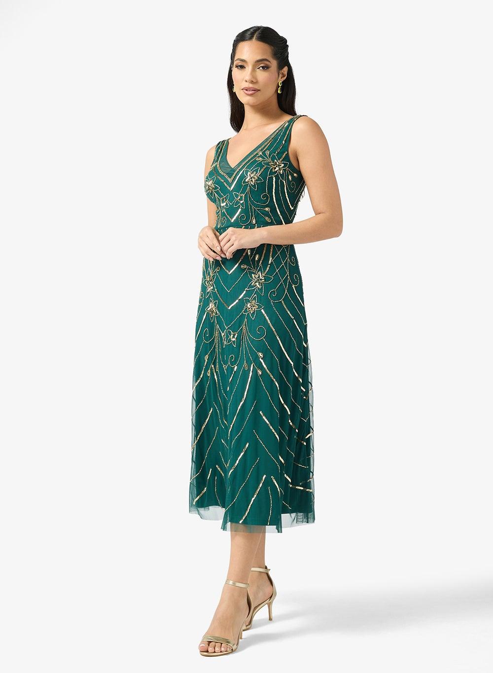 Emerald Embellished V-Neck Midi Dress Ad5E211659 - Image 1