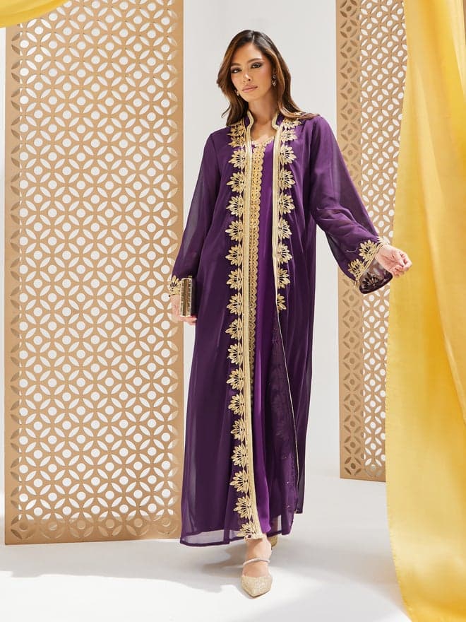Amirah Lace Trim Collared Abaya Set in Purple - Image 1