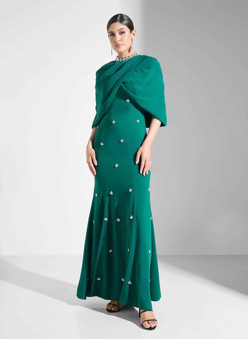 Emerald Embellished Cape Gown Dress - Image 1