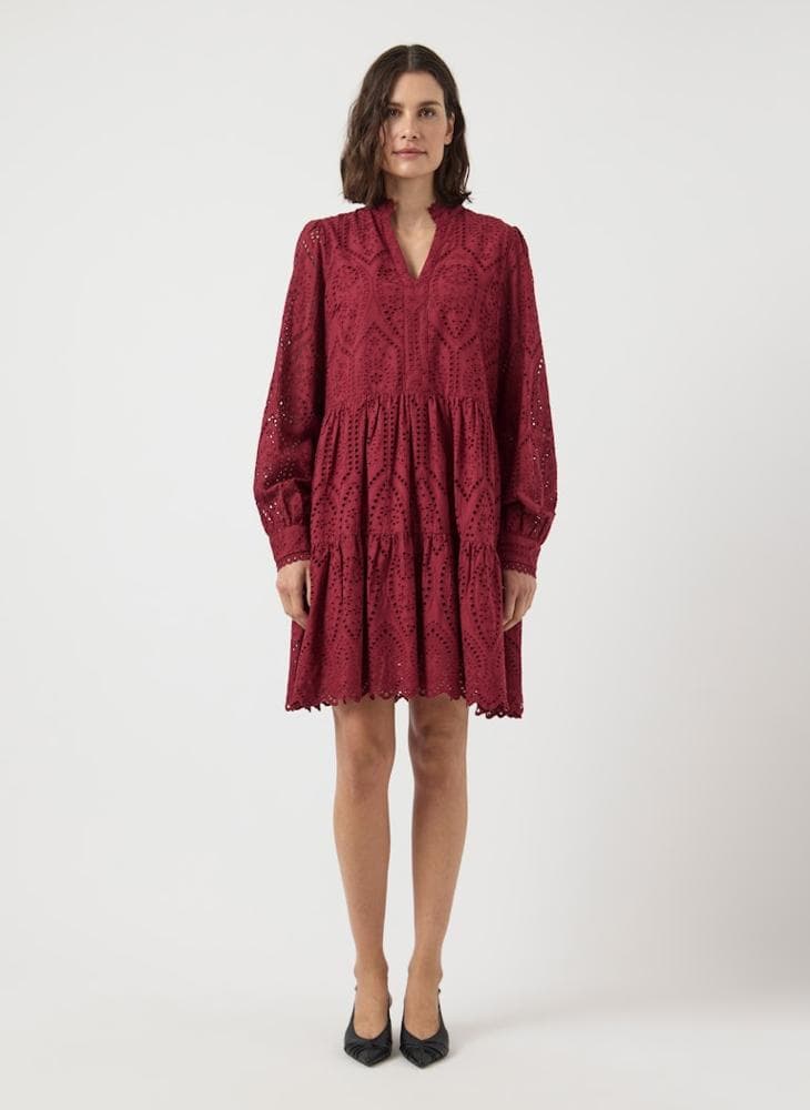 Burgundy Broderie Tiered Mini Dress 26027162 - Image 1