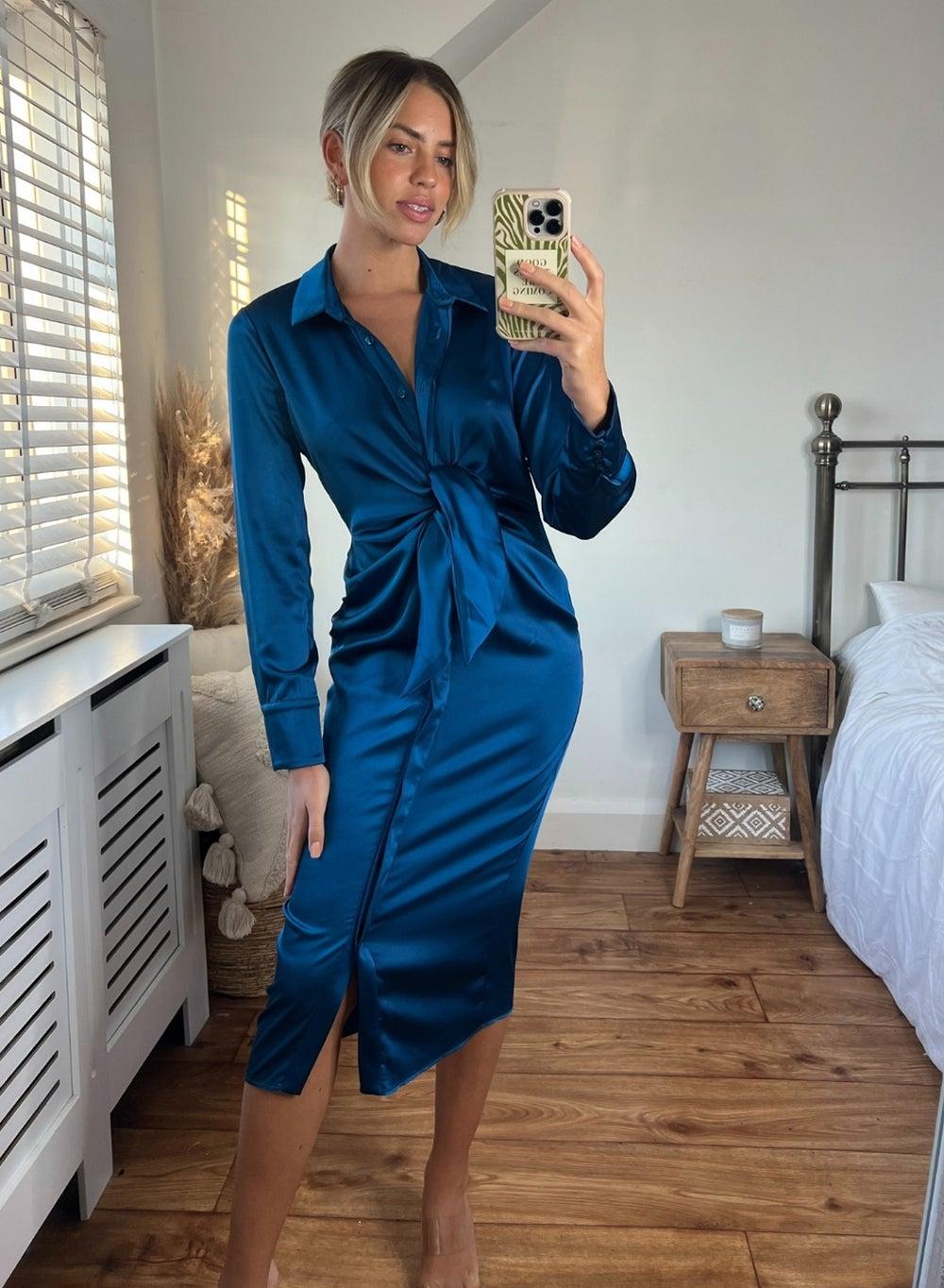 Cassidrsblu Teal Satin Tie-Waist Midi Shirt Dress - Image 1