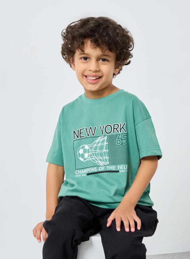 Boys Green Graphic Oversized Cotton T-Shirt - Image 1