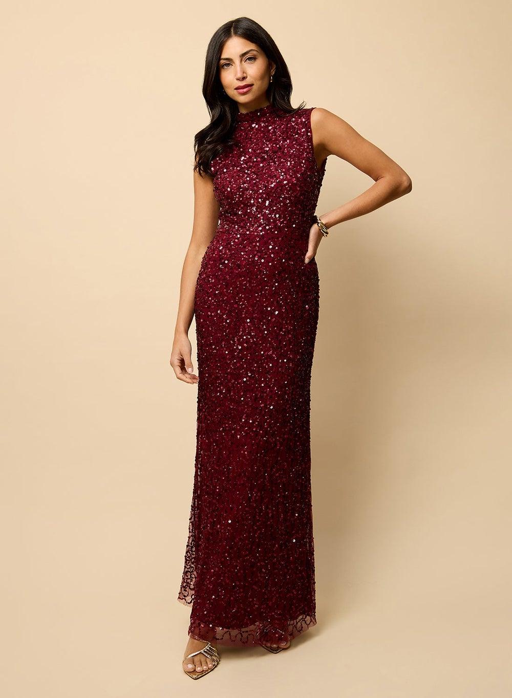 Burgundy Embellished High Neck Sleeveless Maxi Dress D35660D1A - Image 1