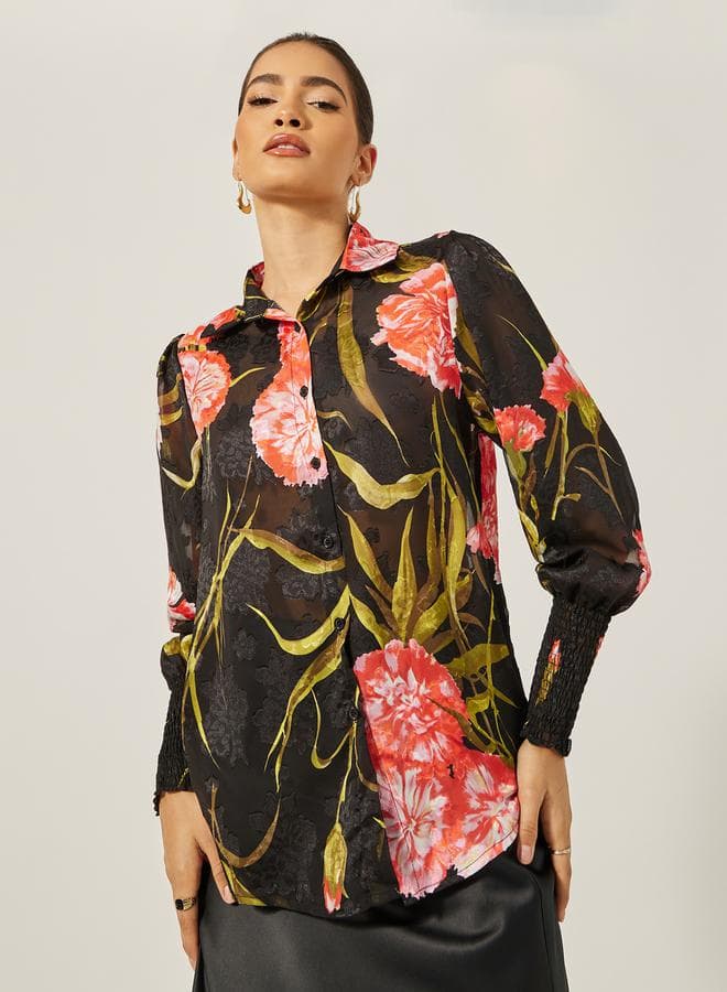 Floral Print Collared Shirt 7011812901 Black - Image 1