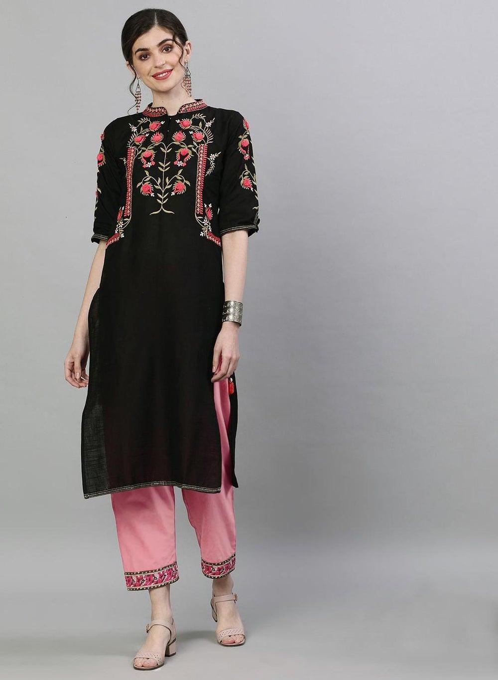Black Floral Cotton Kurta – Ishin Regular Fit - Image 1