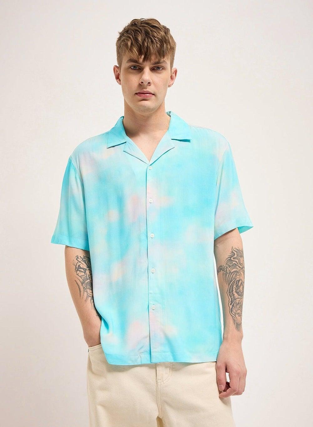 Men’s Blue Rayon Shirt Short Sleeve Button-Down - Image 1