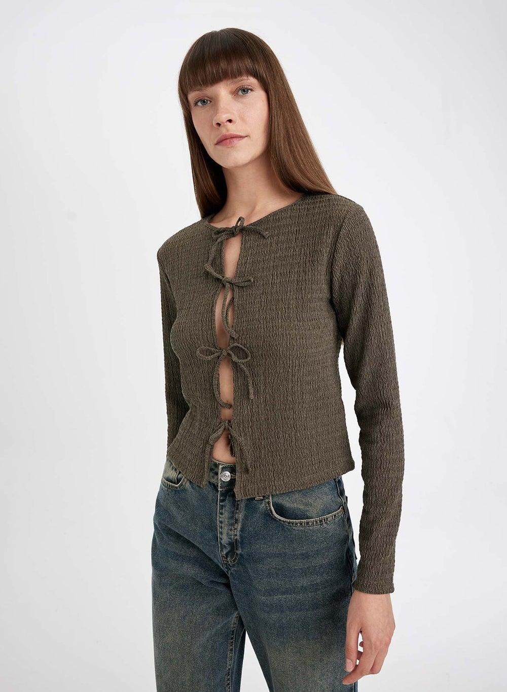 Front-Tied Crinkle Long Sleeve Top D8524Ax - Image 1