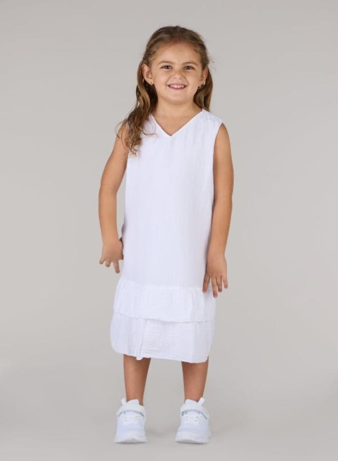 Girls White Cotton Ruffled Hem Midi Dress - Image 1