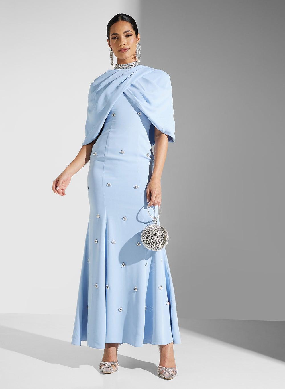 Powder Blue Draped Bodice Mermaid Evening Dress - Image 1