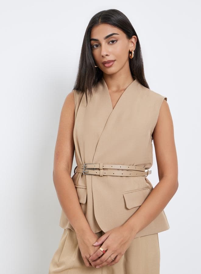 Styli Brown Belted Sleeveless Waistcoat for Women - Image 1