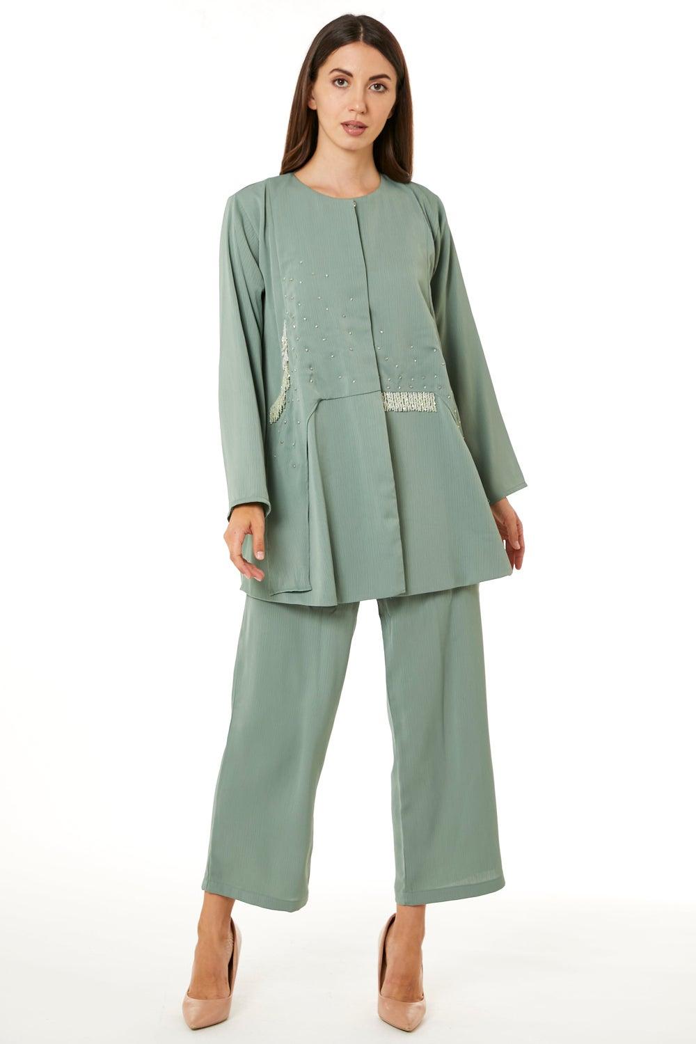 Elegant Green Modest Long Sleeve Top & Pant Set - Image 1