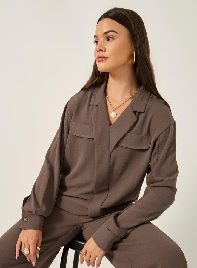 Brown Oversized Wrap Blouse 7011171336 Notch Collar - Image 1