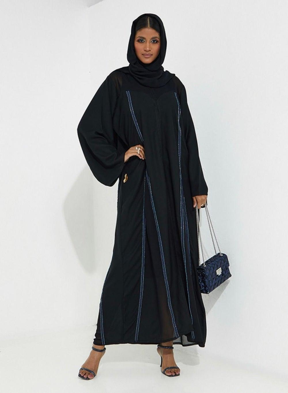 Black Abaya Blue Line Embroidery Elegant Midi 52” - Image 1