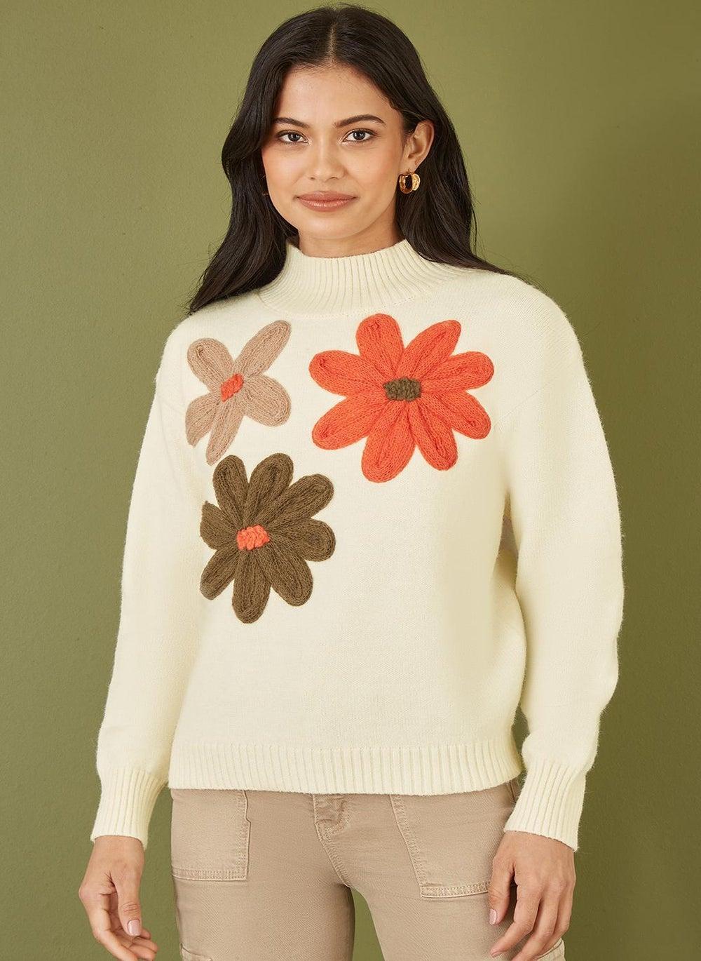 White High Neck Knitted Jumper with Appliqué Flowers - Image 1