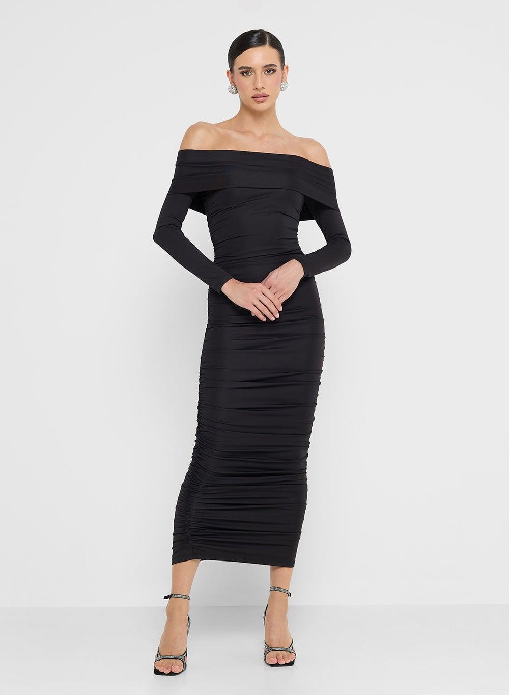 Black Draped Ruched Back Maxi Dress, Off-Shoulder Evening - Image 1