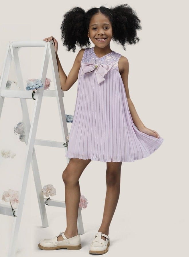 Lilac Pleated Bow Dress with Sequined V-Neck - Image 1