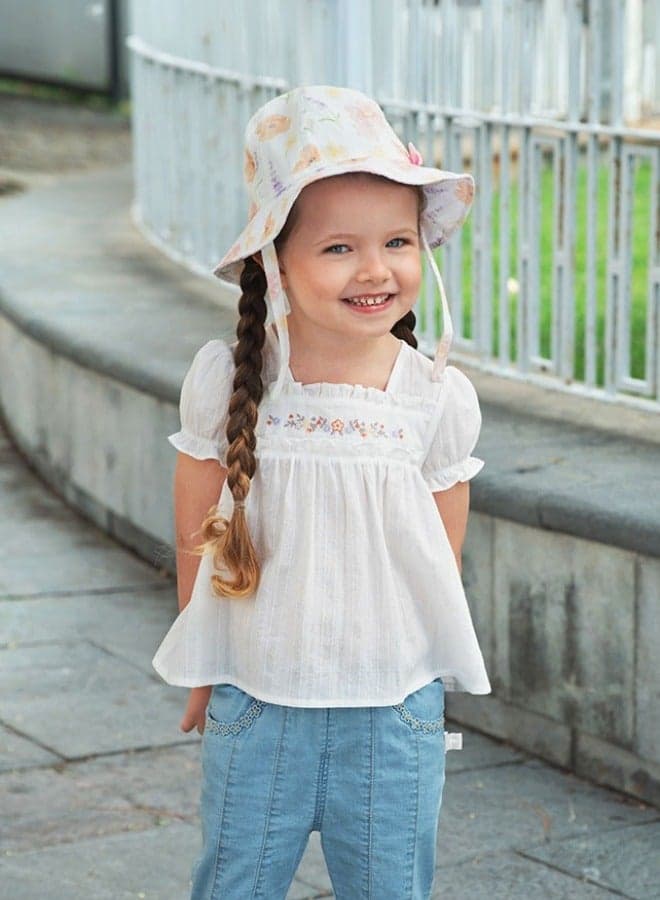 Girls Floral Cotton Sun Hat in White & Pink - Image 1