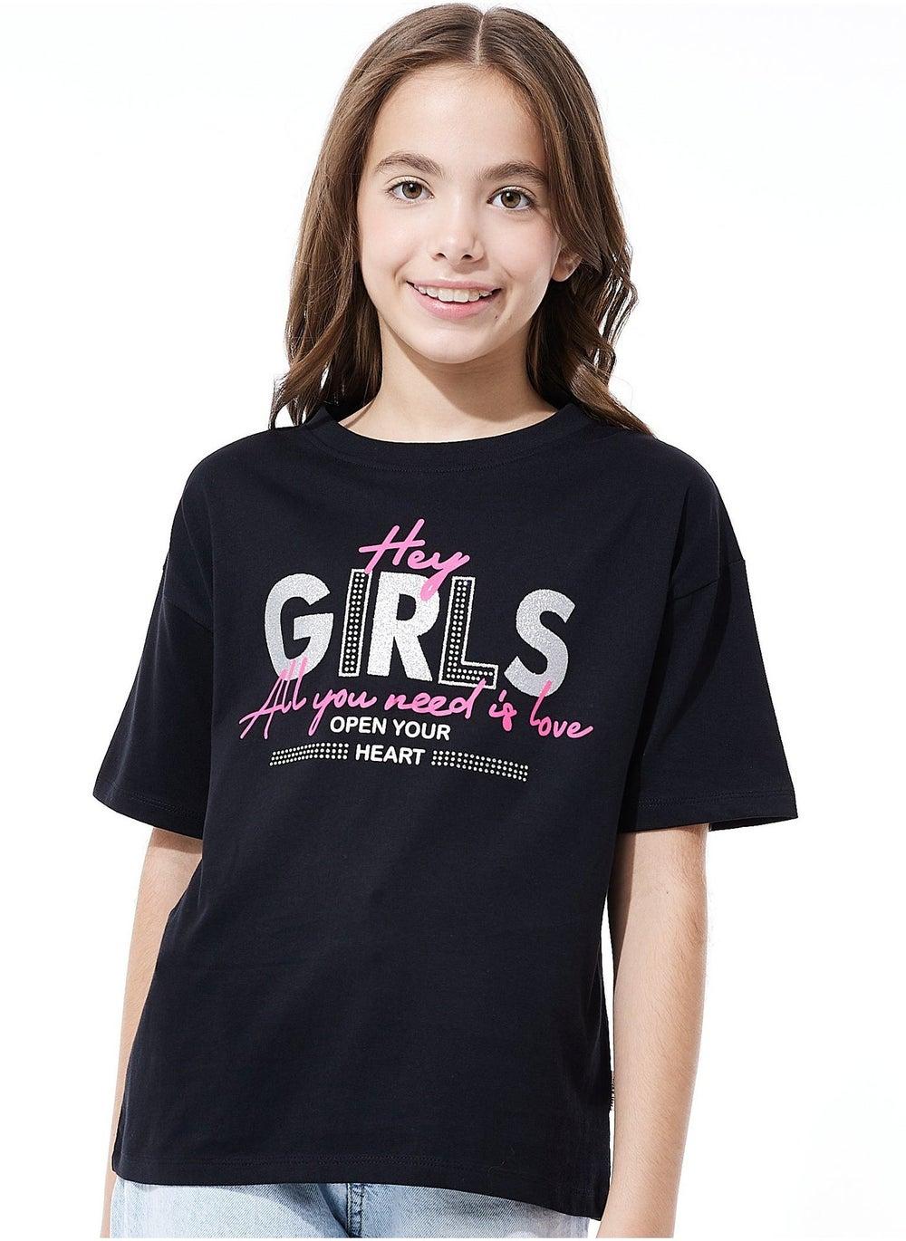 Girls Oversized Black Graphic Cotton T-Shirt - Image 1